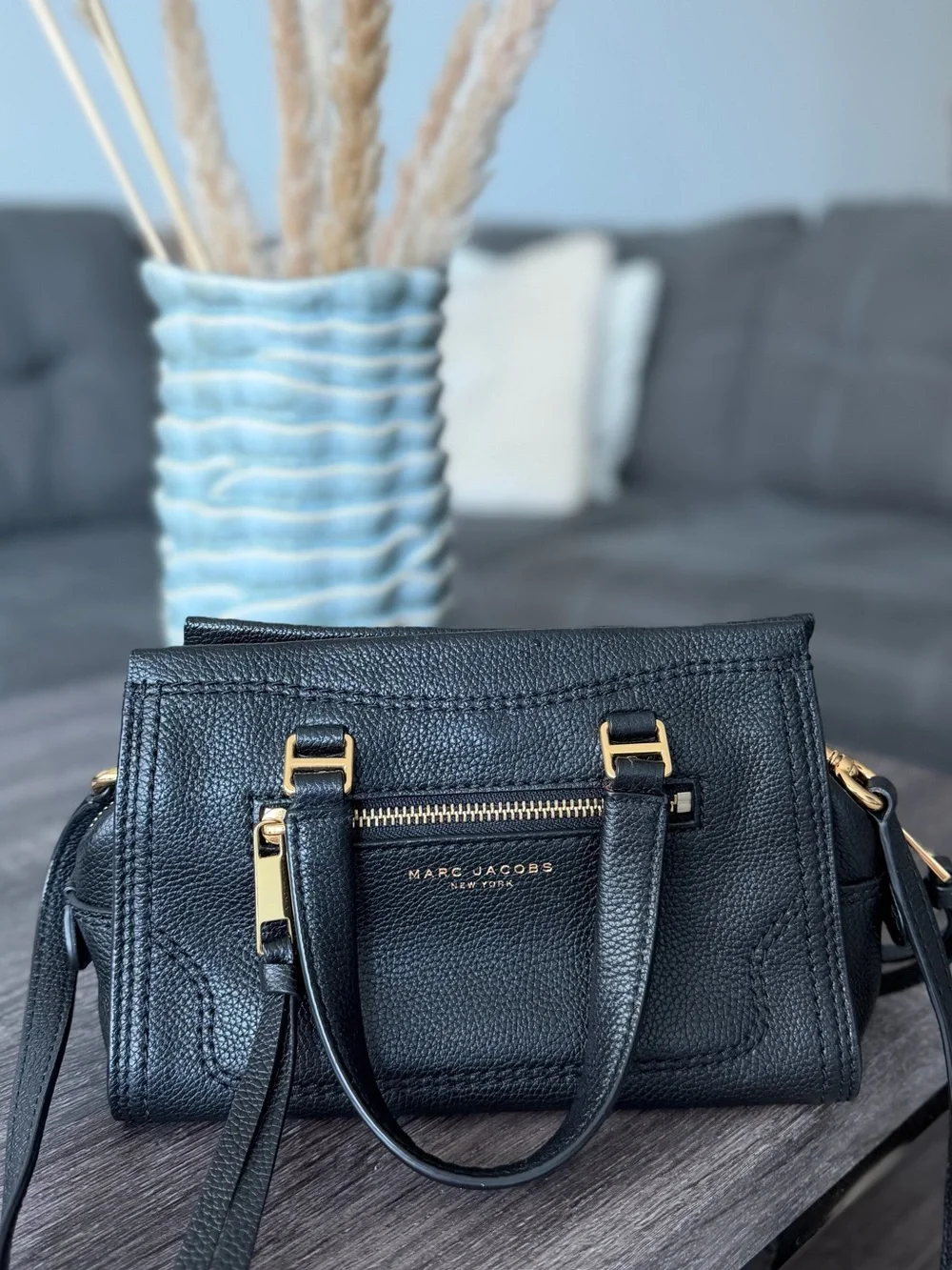 Marc Jacobs Black Pebbled Leather Satchel with Gold-Tone Accents